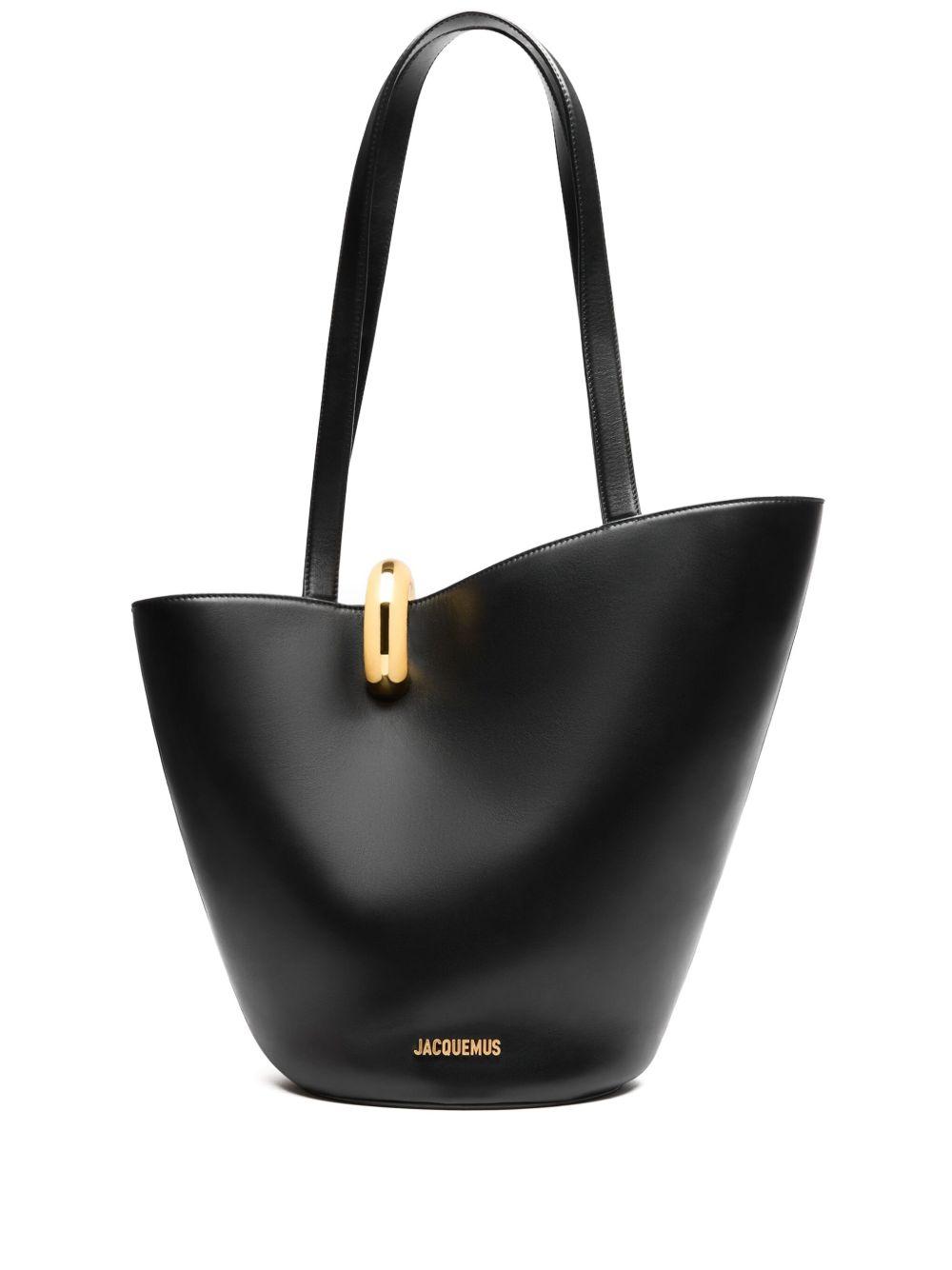 JACQUEMUS The Medium Bambola Asymmetric Leather Bucket Bag In Black 990 Product Image
