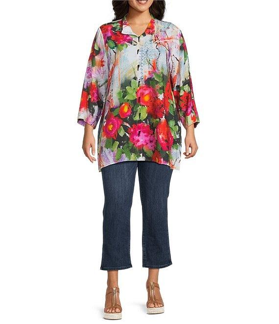 Ali Miles Plus Size Woven Floral Wire Neck 3/4 Cuff Sleeve Button-Front Tunic Product Image