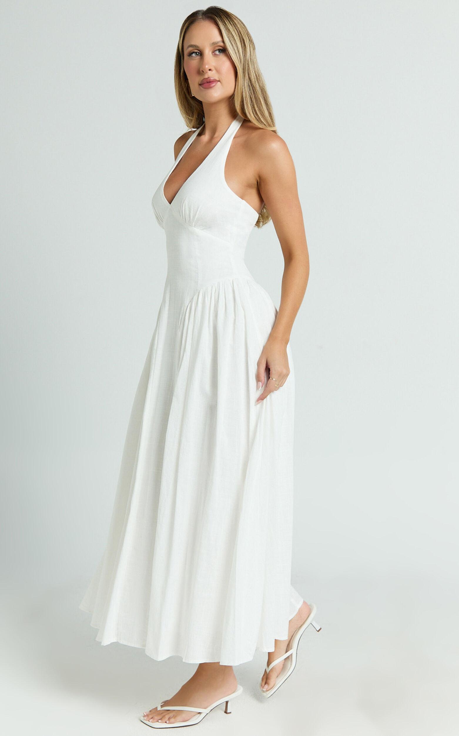 Athena Midi Dress - Halter Drop Waist Dress in White Product Image