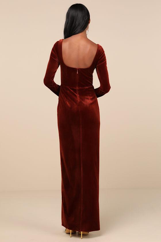 Forever Sensational Rust Brown Velvet Long Sleeve Maxi Dress Product Image