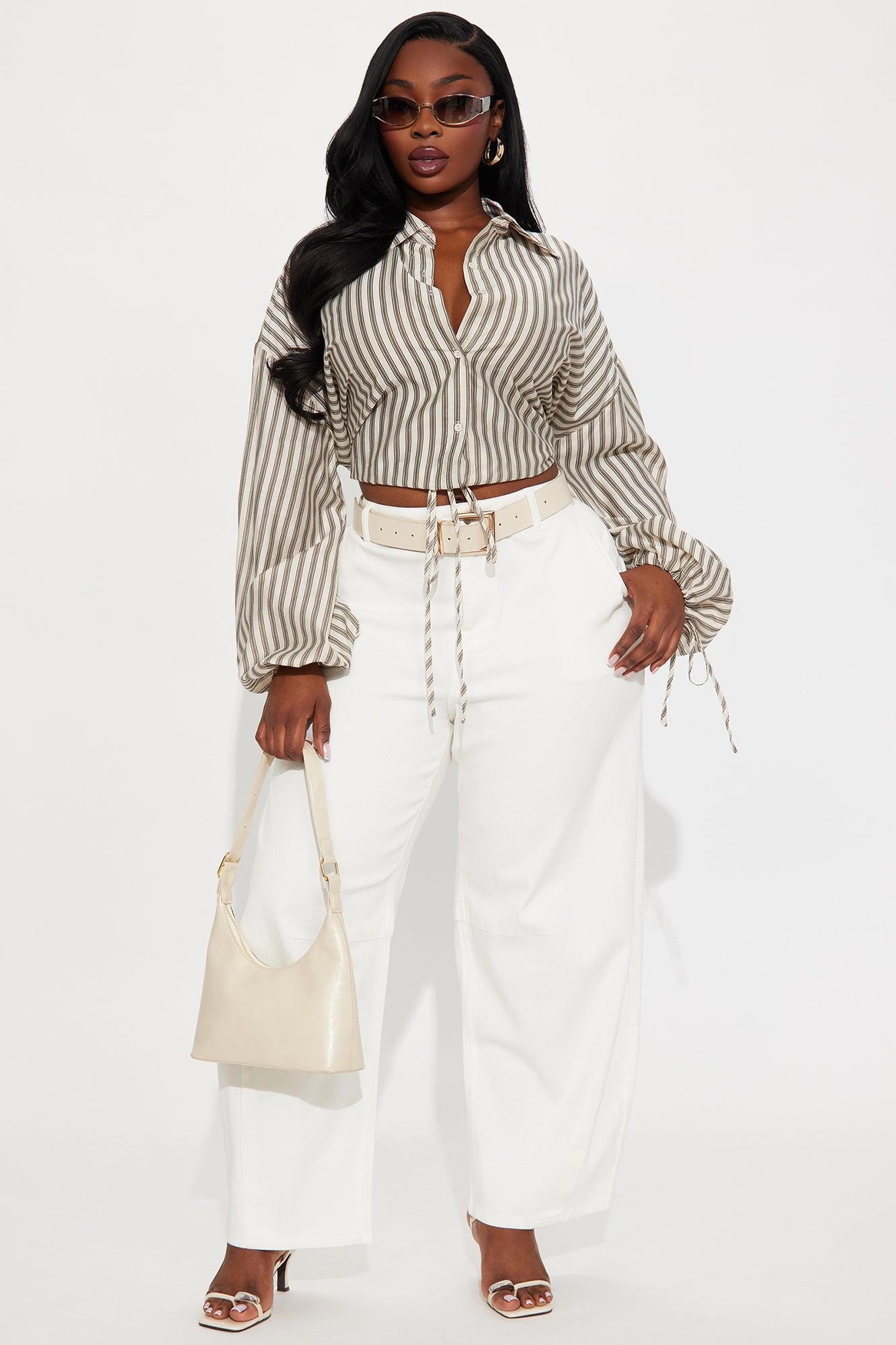 Karena Striped Button Up Shirt - Taupe/combo Female Product Image