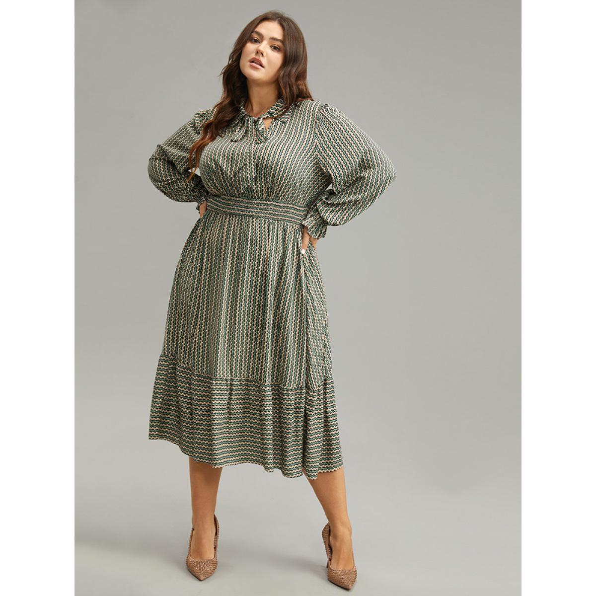 Plus Size Striped Geometric Bowknot Keyhole Shirred Dress Mint Women Work From Home Cross straps Shirt collar Long Sleeve Curvy Midi Dress BloomChic 26/4X Product Image