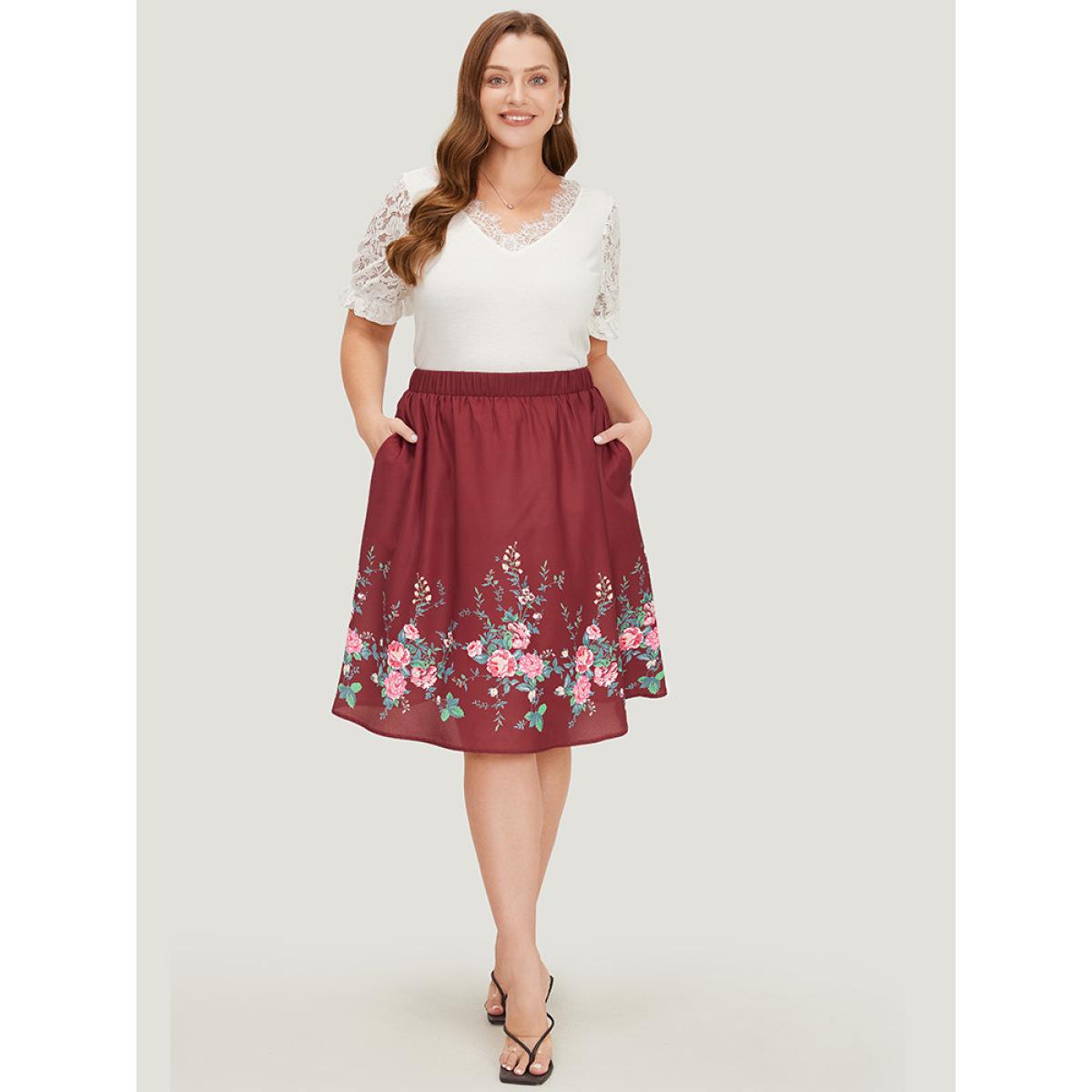 Plus Size Floral Print Pocket Flutter Hem Skirt Women Burgundy Elegant Printed No stretch Pocket Dailywear Skirts BloomChic 28/5X Product Image