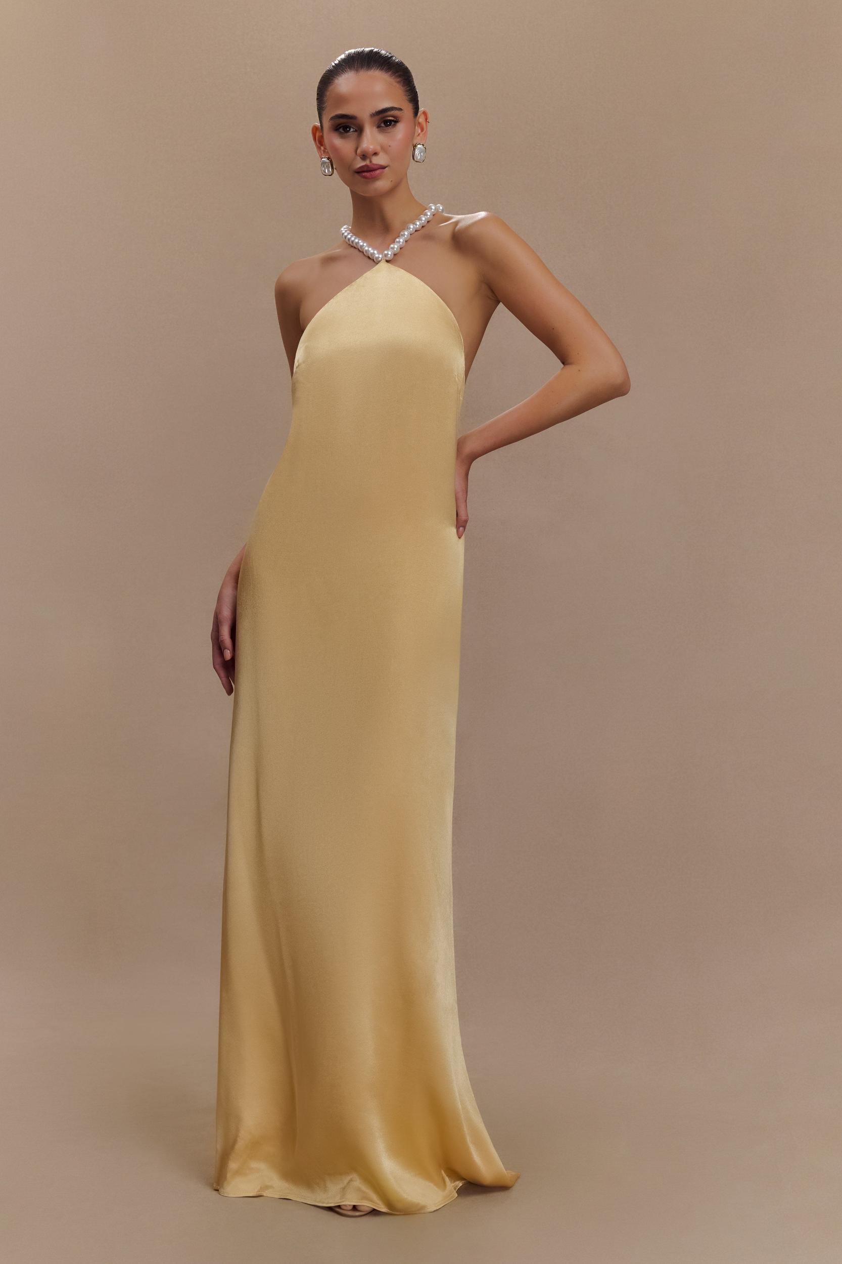 Blanche Satin Pearl Halter Maxi Dress - Peach Product Image