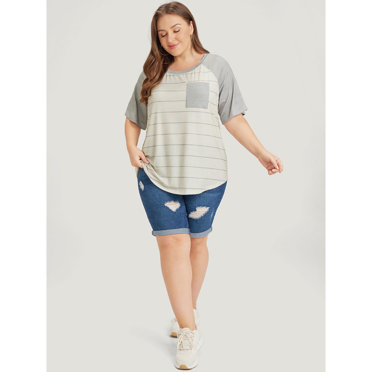 Plus Size Striped Patched Pocket Raglan Sleeve T-shirt Gray Women Casual Striped Round Neck Dailywear T-shirts BloomChic 26/4X Product Image