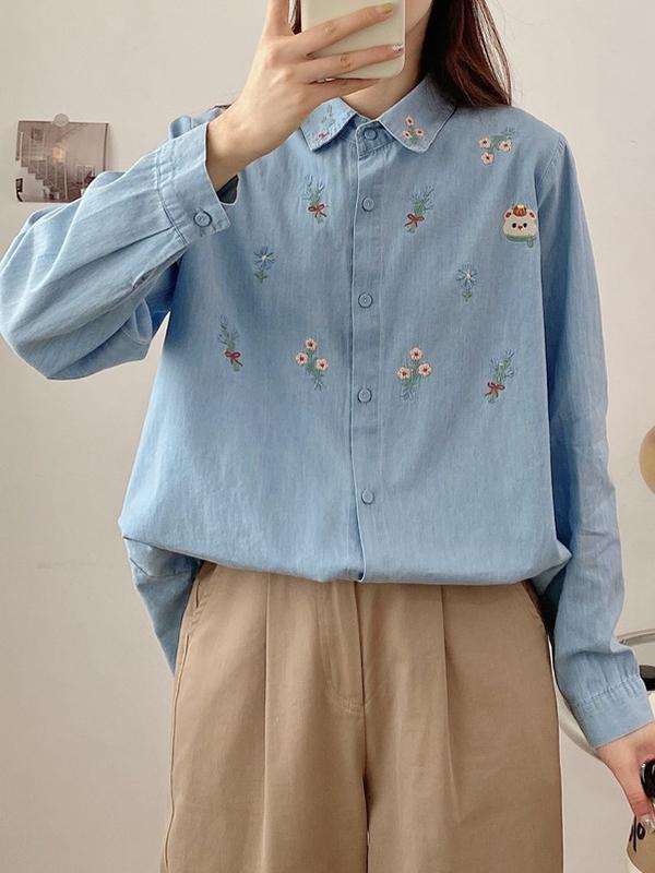 Vintage Bear Flower Embroidery Denim Blouses&Shirts Product Image