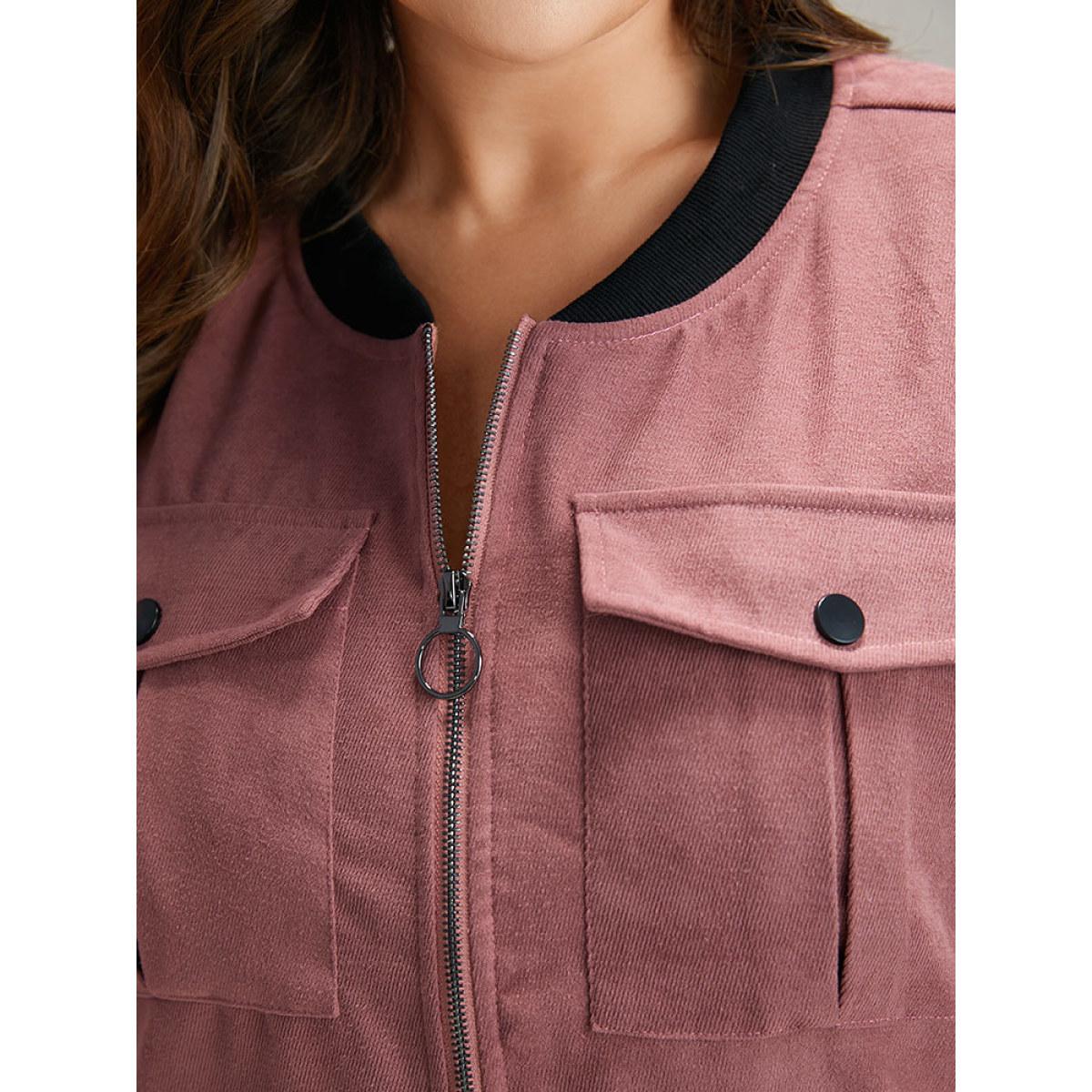 Plus Size Patchwork Contrast Pocket Zipper Button Detail Jacket Women DustyPink Elastic cuffs Pocket Dailywear Jackets BloomChic 26/4X Product Image
