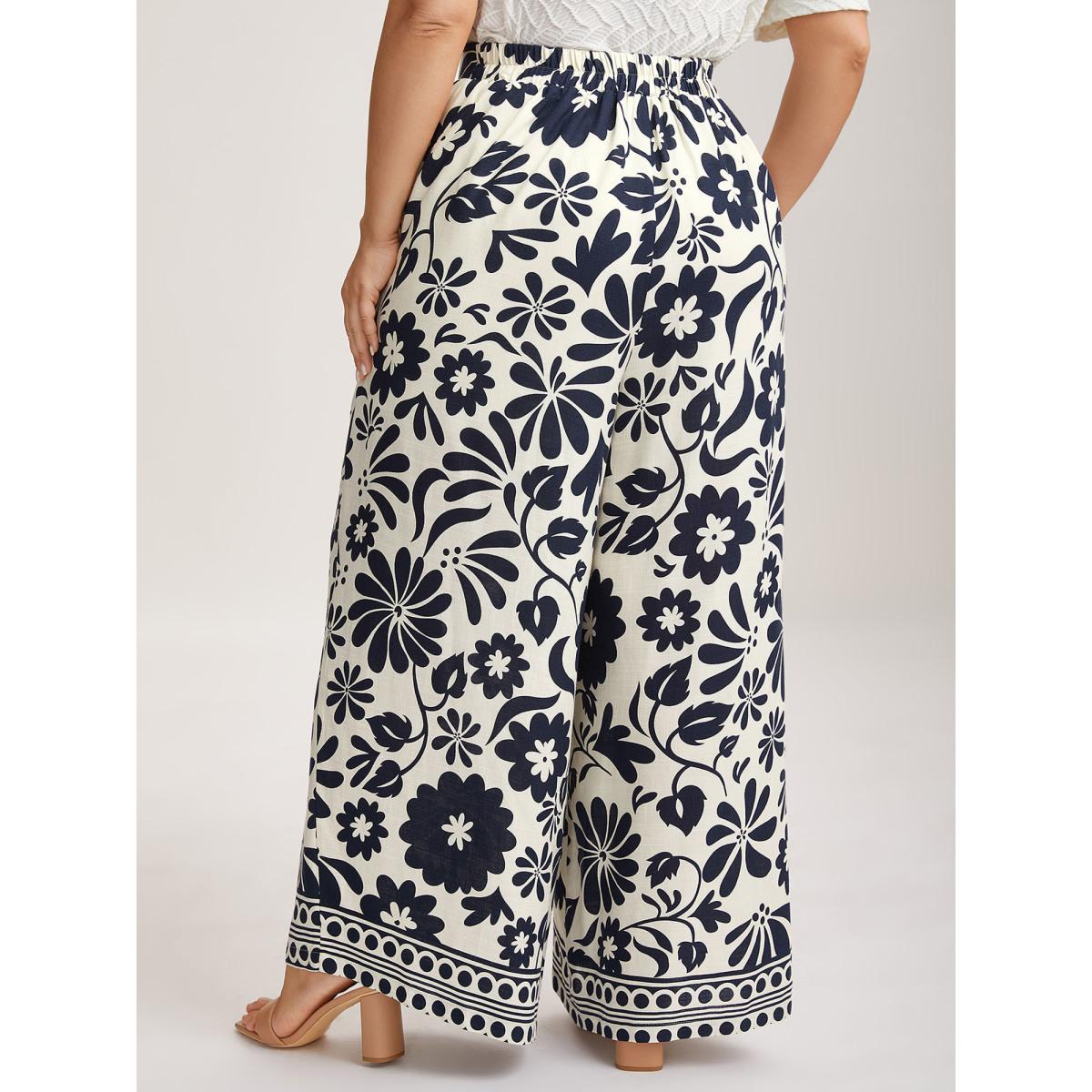 Plus Size Floral Print Wide-Leg Pants Women Indigo Timeless Wide Leg Mid Rise Elegant Pants BloomChic 28/5X Product Image