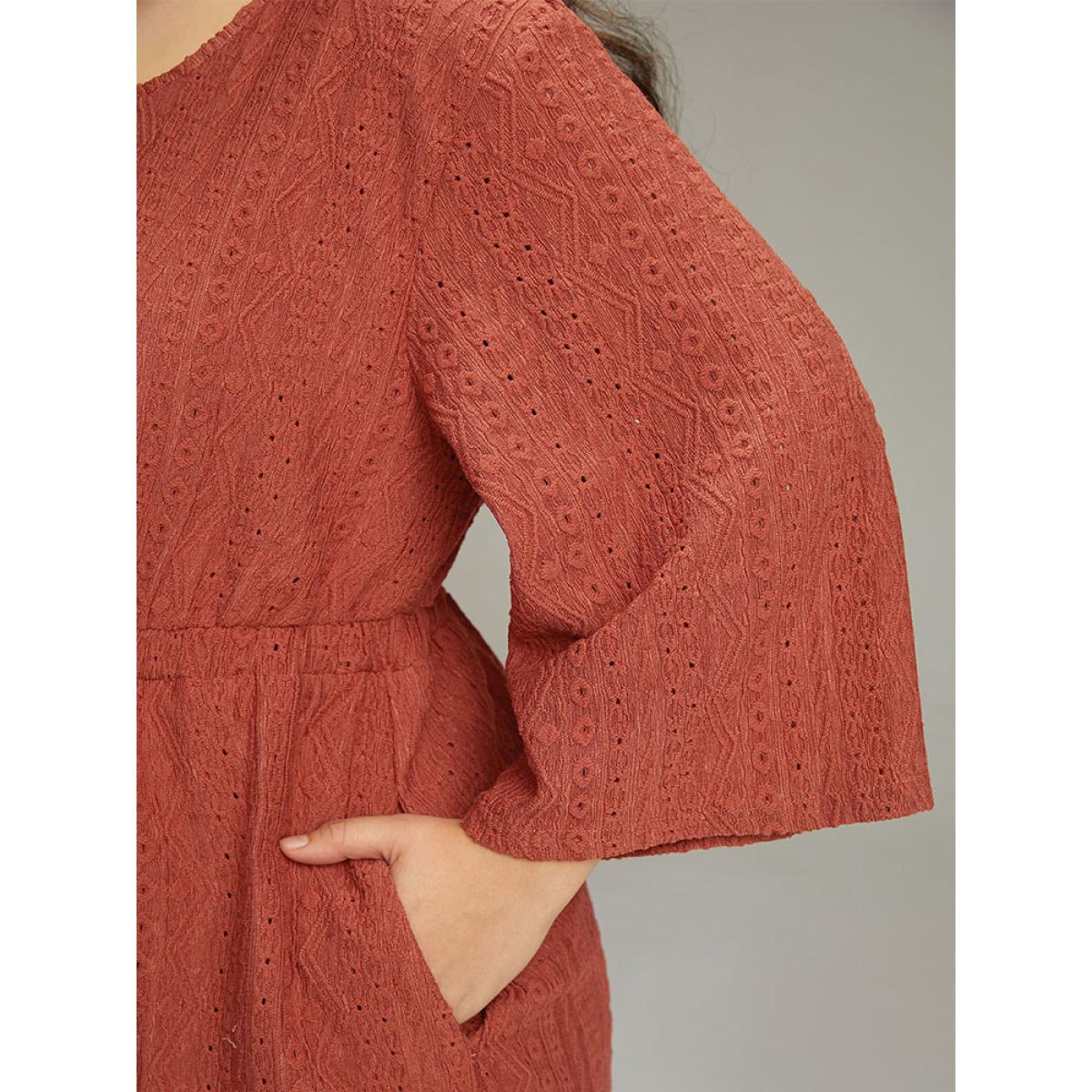 Plus Size Broderie Anglaise Button Through Pocket Dress Rust Women Casual Texture Round Neck Long Sleeve Curvy Knee Dress BloomChic 26/4X Product Image
