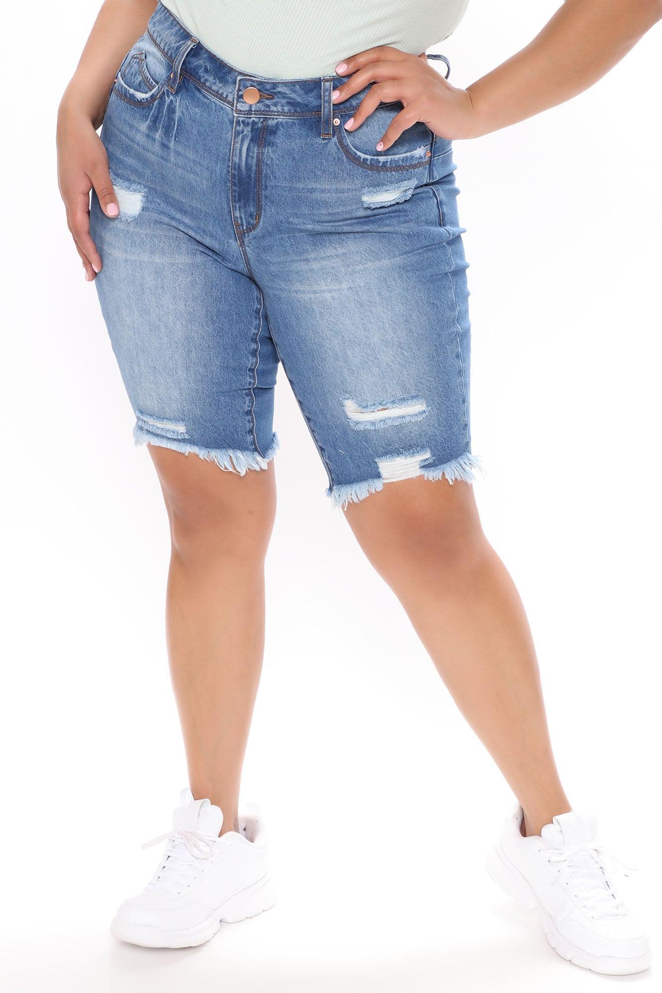Corinna Booty Lifting Denim Bermudas - Medium Blue Wash Product Image