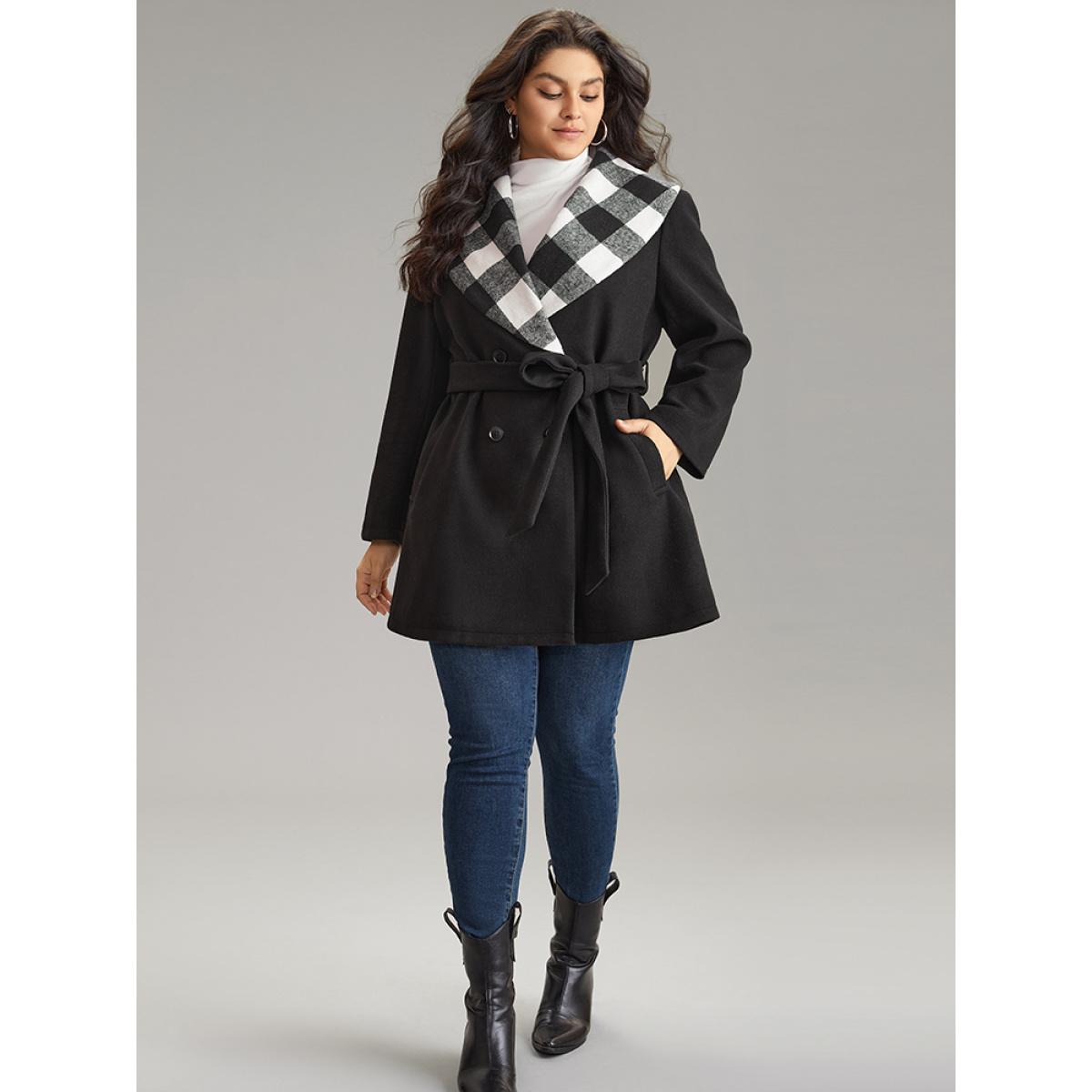 Plus Size Plaid Lapel Collar Pocket Belted Coat Women Black Casual Lined Ladies Dailywear Winter Coats BloomChic 26/4X Product Image