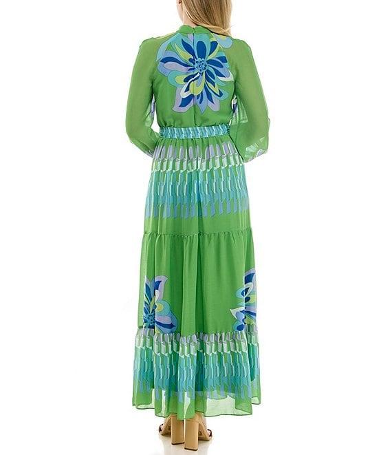 Moda Tara Chiffon Long Sleeve Mock Neck Floral Placement Print A-Line Maxi Dress Product Image