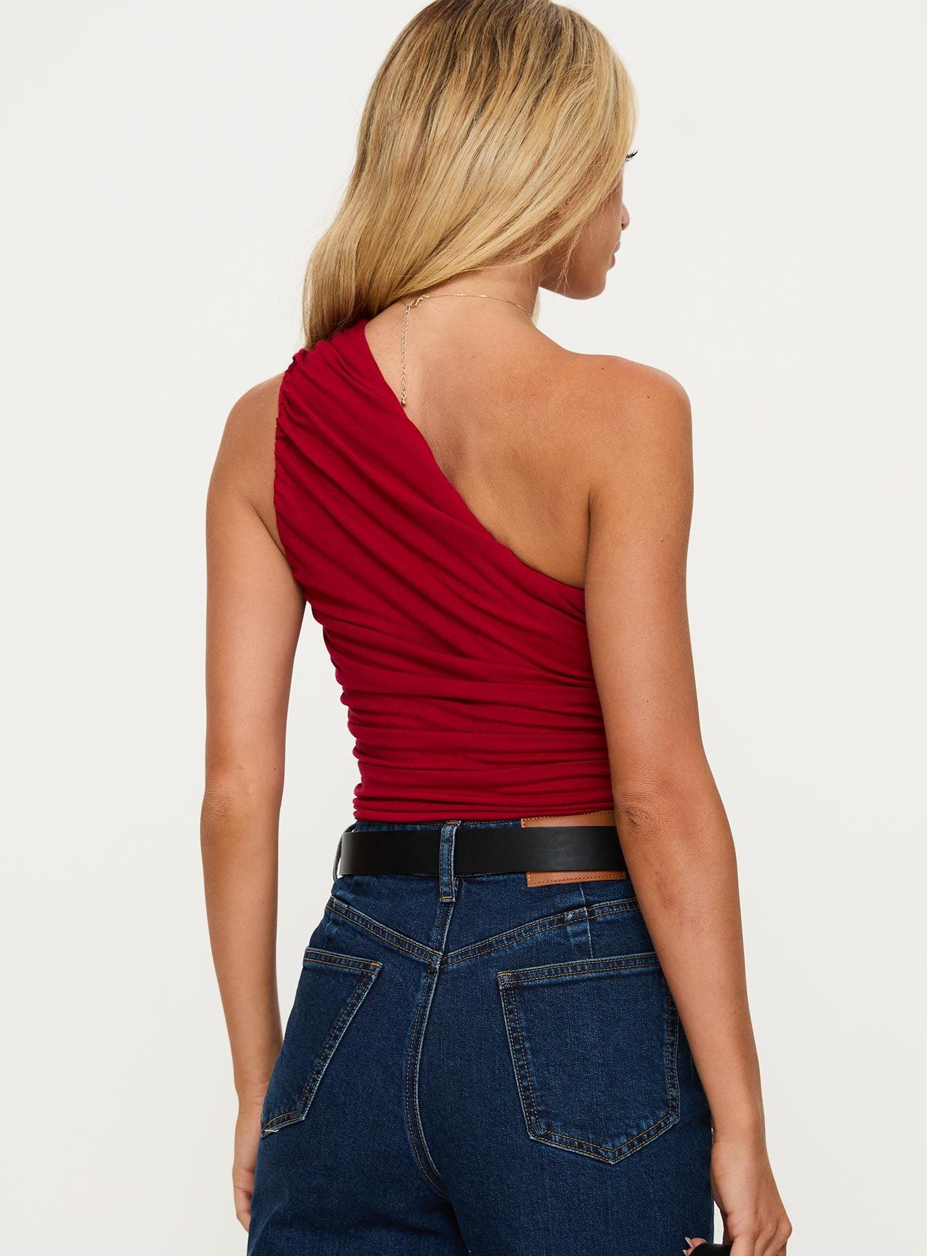 Heston Asymmetrical Ruched Bodysuit Red Product Image