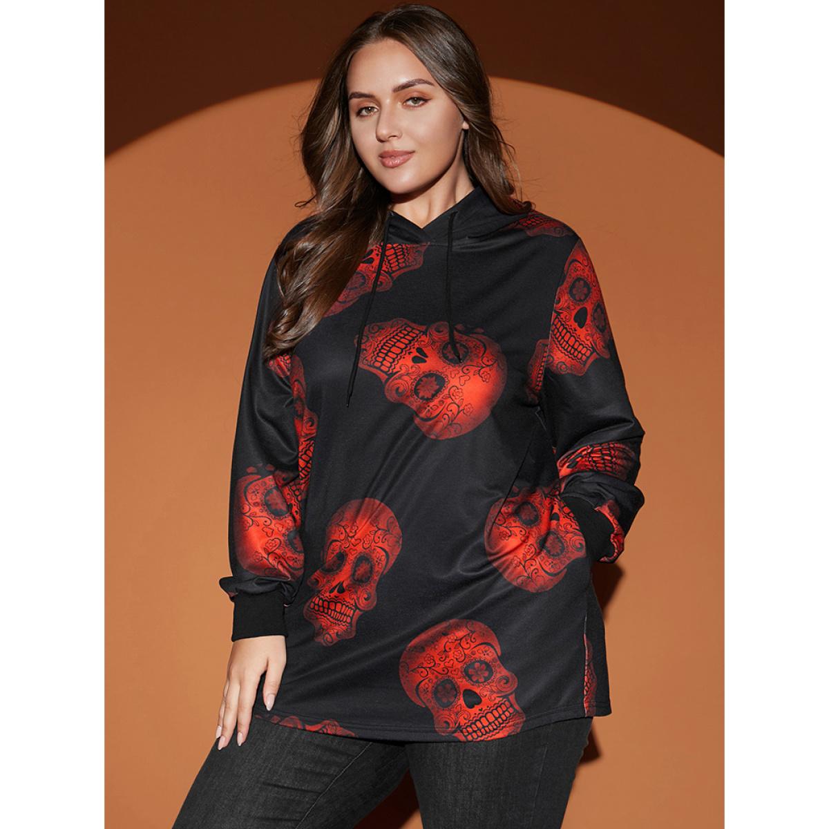 Plus Size Halloween Skull Print Pocket Drawstring Hooded Sweatshirt Women Black Casual Pocket Hooded Dailywear Sweatshirts BloomChic 14-16/1X Product Image