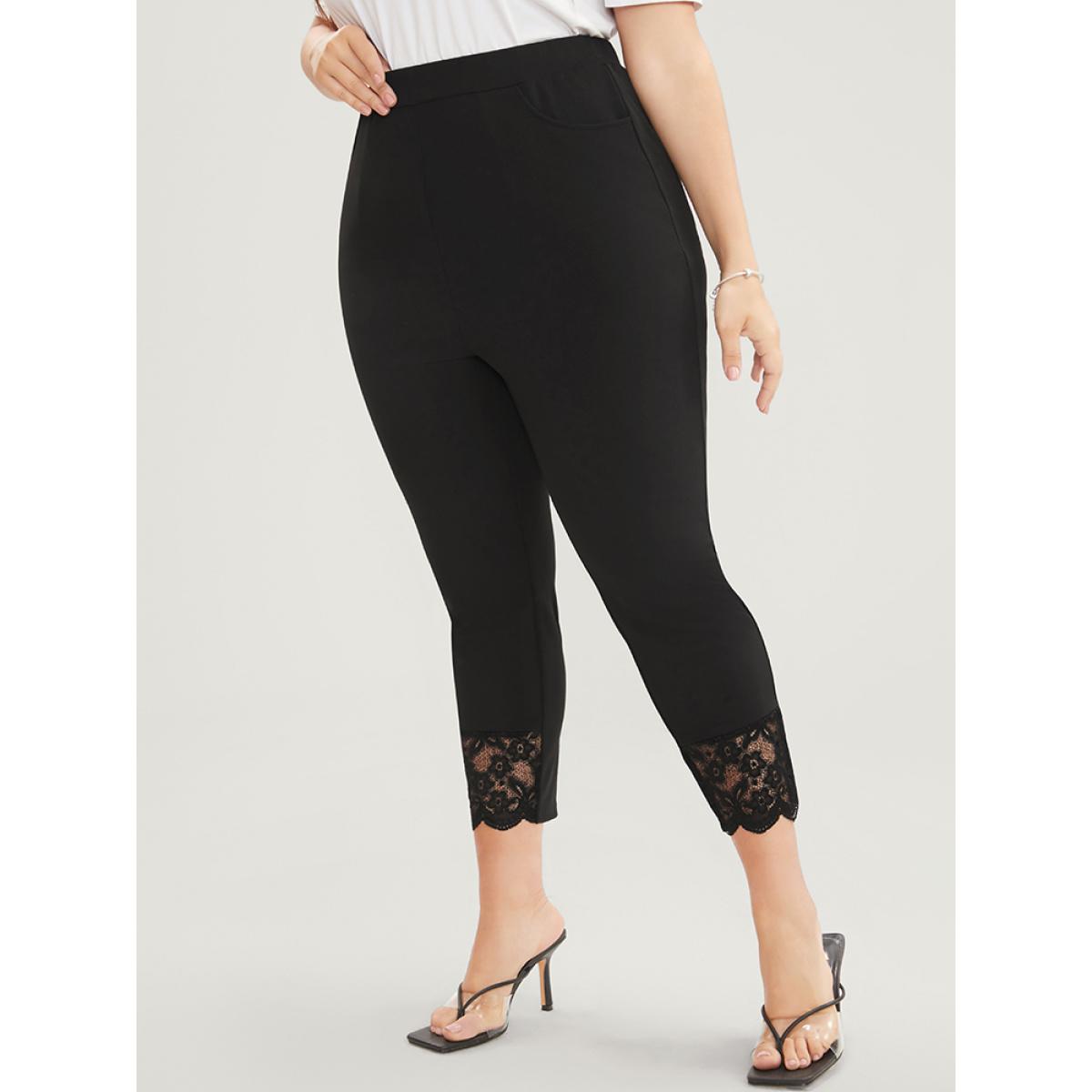 Plus Size Solid Scalloped Trim Elastic Waist Pocket Lace Hem Pants Women Black Elegant Bodycon High Rise Everyday Pants BloomChic 14-16/1X Product Image