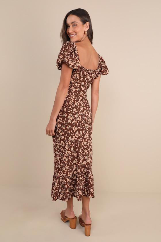 Remarkably Flourishing Brown Floral Puff Sleeve Midi Dress Product Image