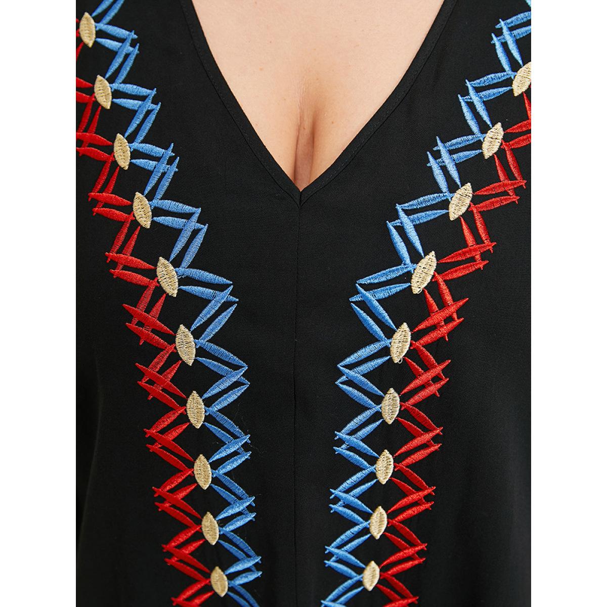 Plus Size Black Contrast Embroidered Twist Front V Neck Blouse Women Vacation Short sleeve V-neck Dailywear Blouses BloomChic 12/L Product Image