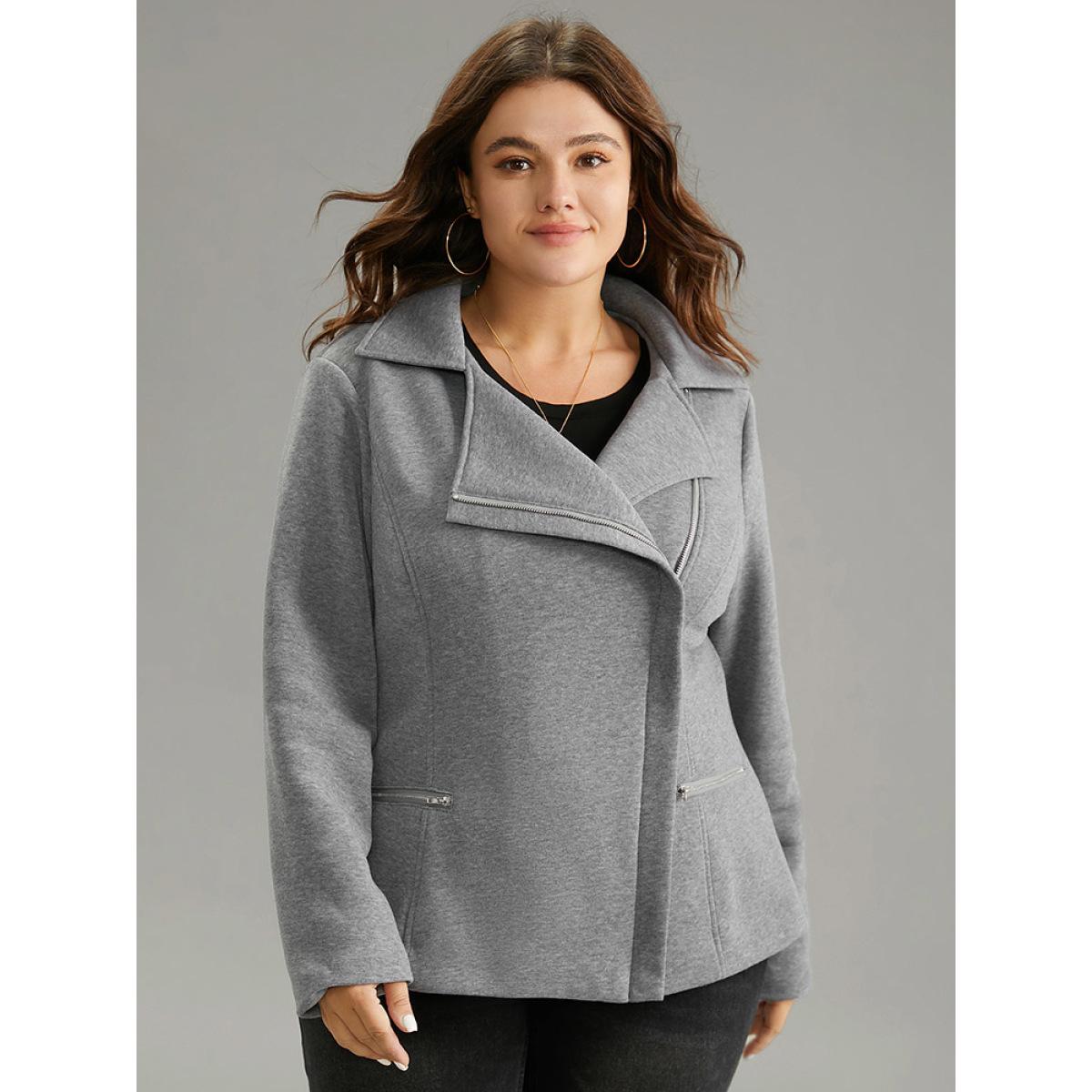 Plus Size Solid Zipper Asymmetrical Pocket Lapel Collar Coat Women Gray Casual Lined Ladies Dailywear Winter Coats BloomChic 14-16/1X Product Image