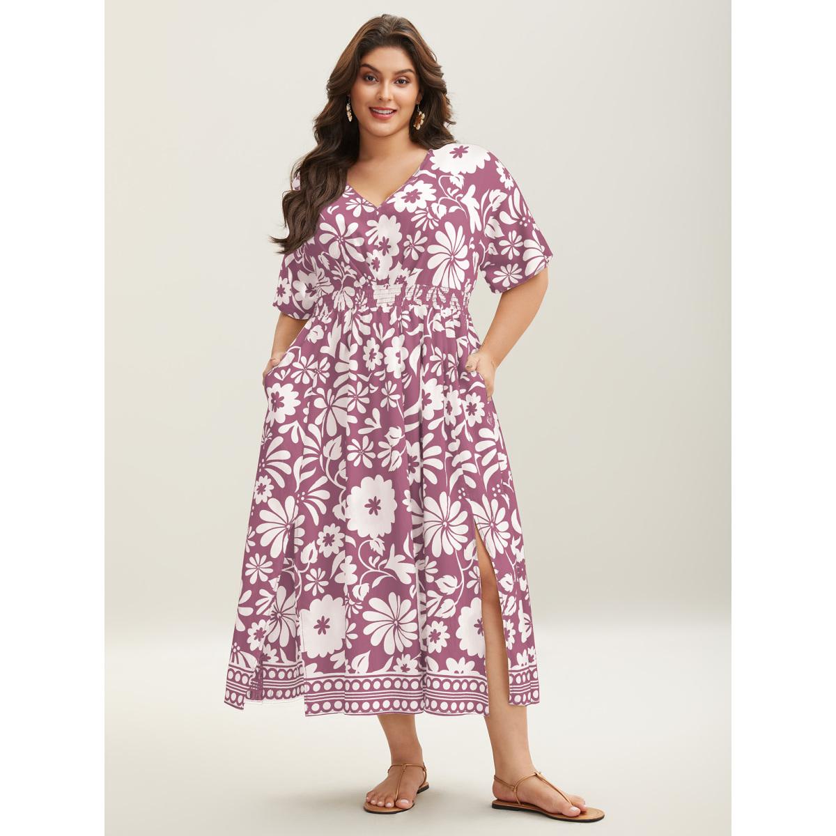 Plus Size Large Floral Print Pockets Midi Dress OrangeRed Women Slit V-neck Short sleeve Curvy BloomChic 26/4X Product Image