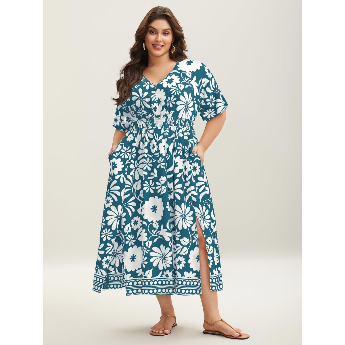 Plus Size Large Floral Print Pockets Midi Dress DarkGreen Women Resort Slit V-neck Short sleeve Curvy BloomChic 10/M Product Image