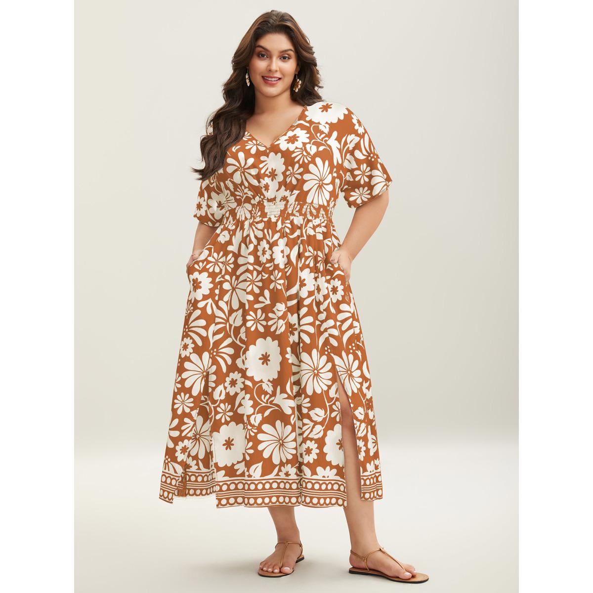 Plus Size Large Floral Print Pockets Midi Dress OrangeRed Women Slit V-neck Short sleeve Curvy BloomChic 26/4X Product Image