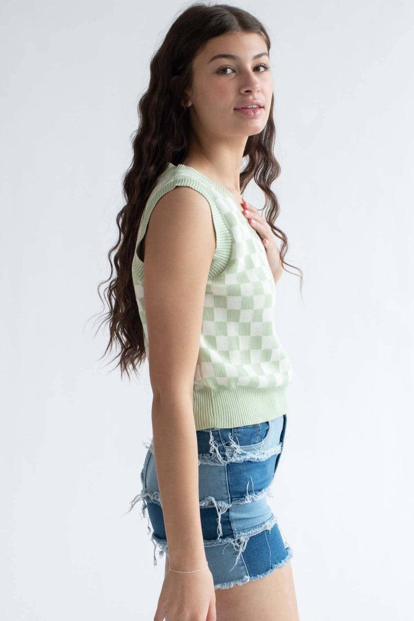 Moss Green Checkered Sweater Vest Product Image