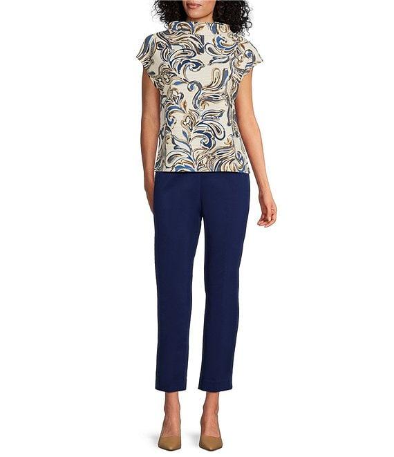 Investments Petite Size Knit Buttercream/Blue Paisley Short Sleeve High Neck Ottoman Top Product Image