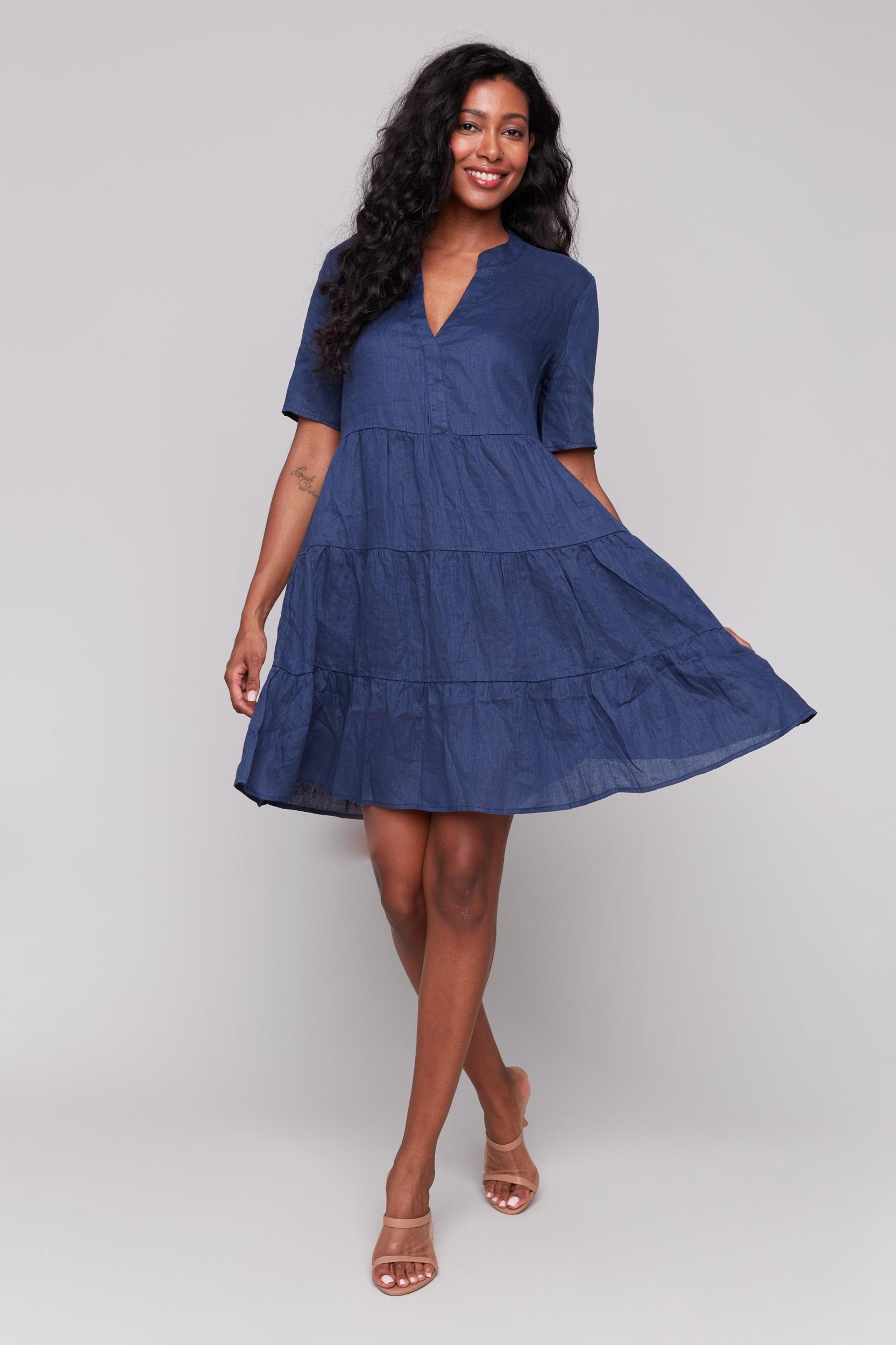 Short Sleeve Three Tiered Linen Dress Product Image