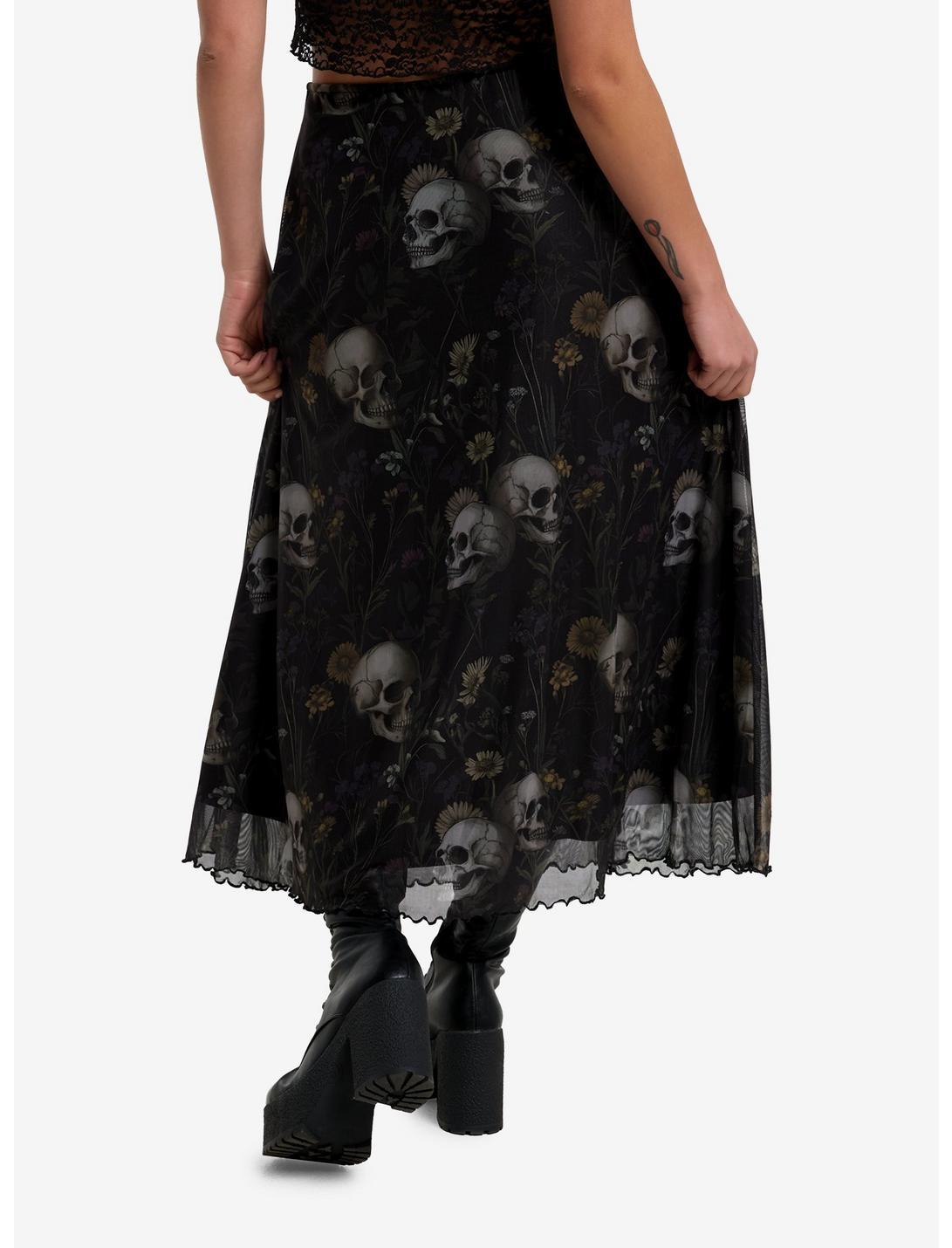 Cosmic Aura Dark Flowers & Skulls Mesh Midi Skirt Product Image