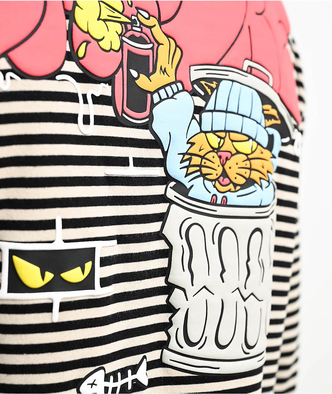 Empyre Bad Cat Micro Stripe Black & White Long Sleeve T-Shirt Product Image