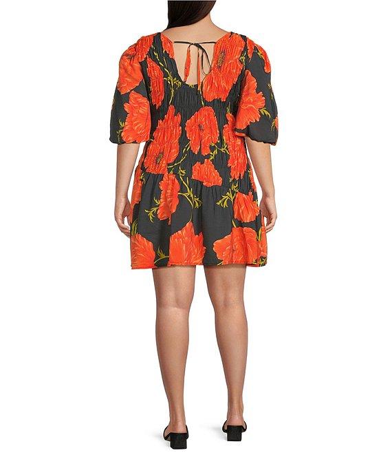 Never Fully Dressed Plus Nara Poppy Floral Crew Neck Puff Sleeve Mini Dress Product Image