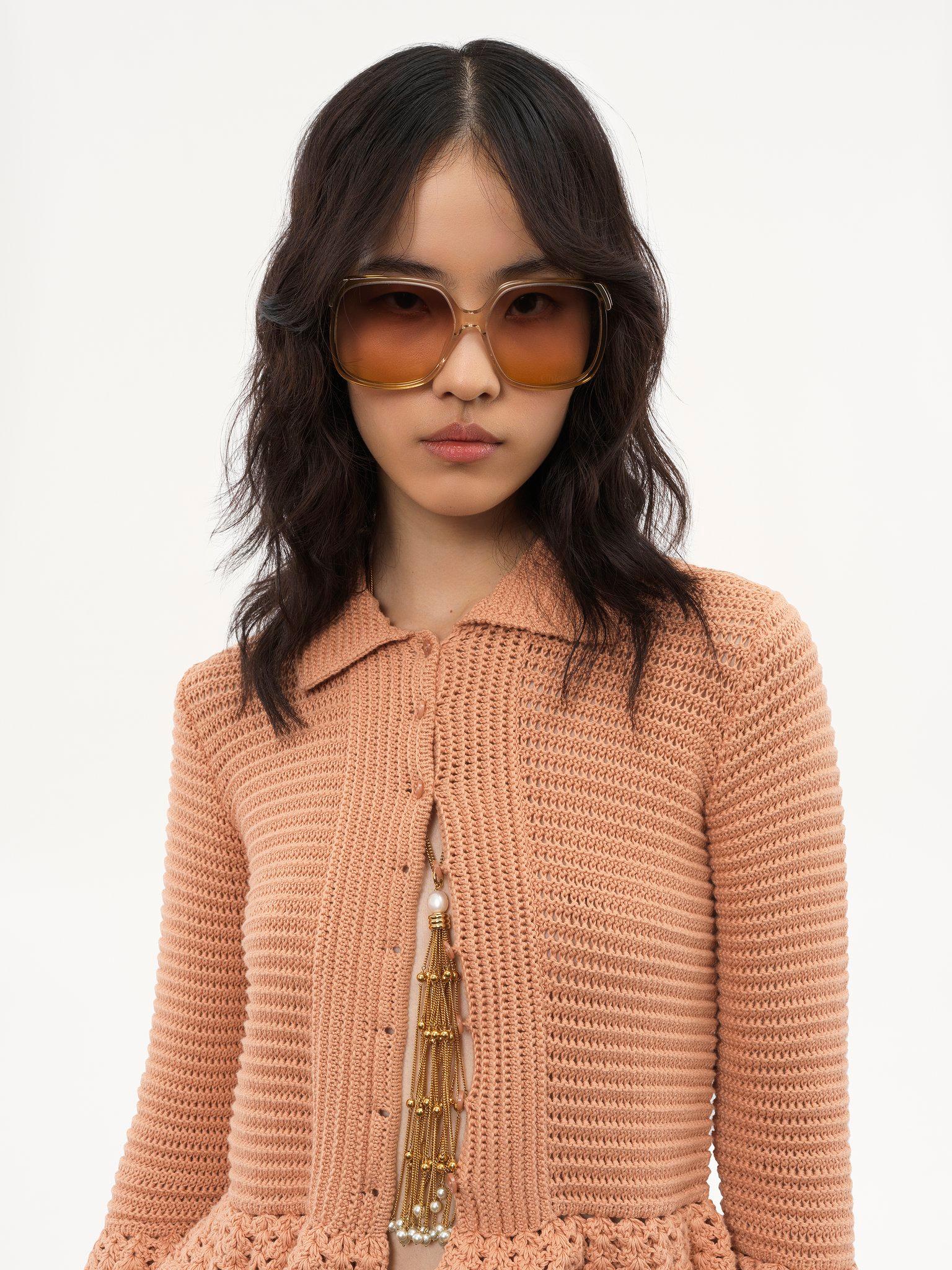 Fitted ruffled cardigan in crochet knit Product Image