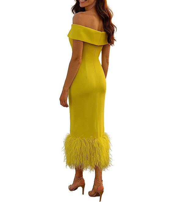 Terani Couture Off Shoulder Sheath Midi Dress With Feather Hem Product Image