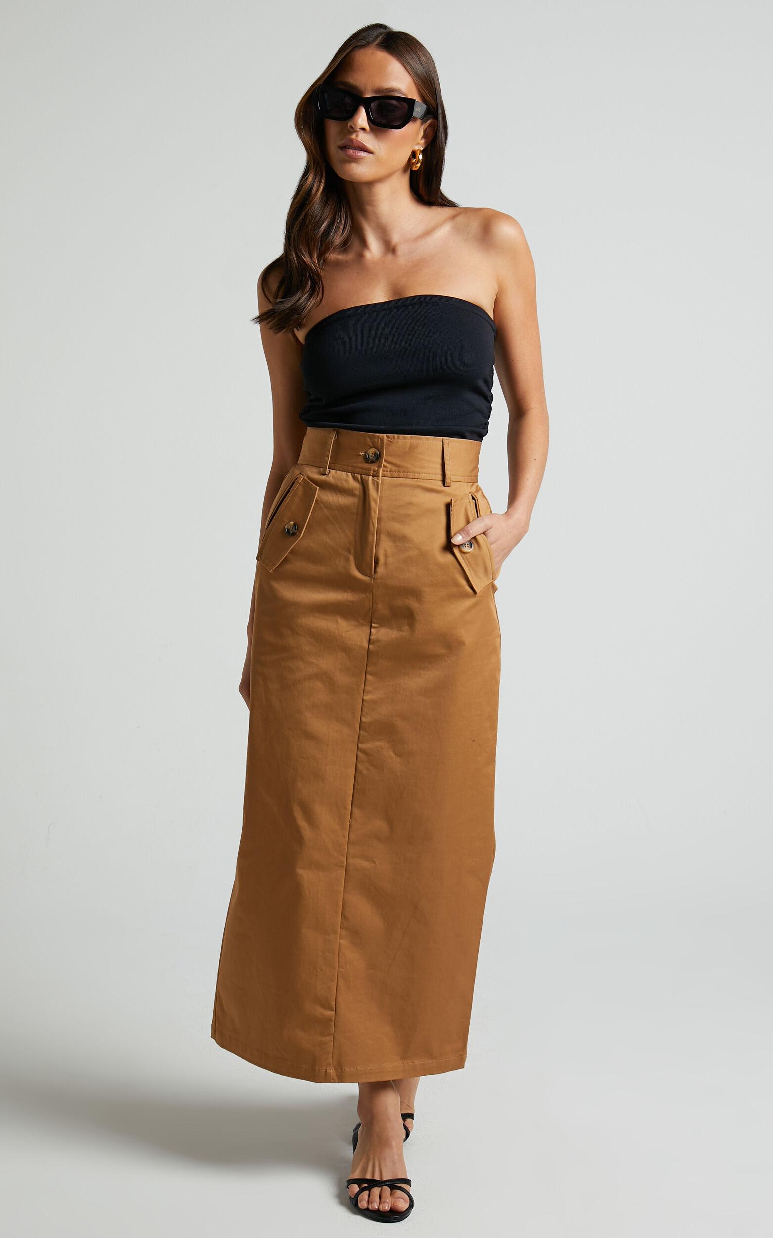 Anna Midi Skirt - High Waisted Cargo in Camel Product Image
