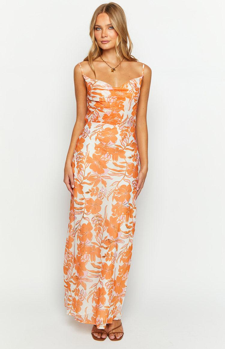 Cambri Orange Floral Chiffon Maxi Dress Product Image