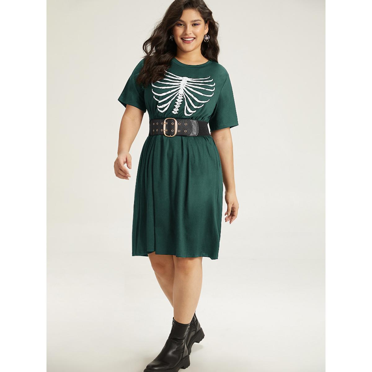 Plus Size Halloween Skull Print Pocket Elastic Waist Dress DarkGreen Women Casual Gathered Curvy Midi Dress BloomChic 10/M Product Image