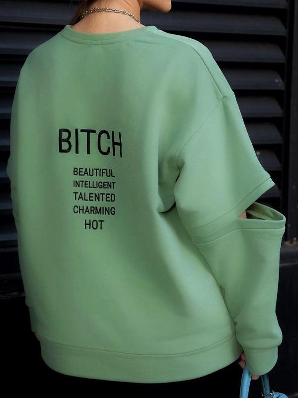 Letter Embroidered Print Cutout Sleeve Crew Neck Sweatshirt Product Image