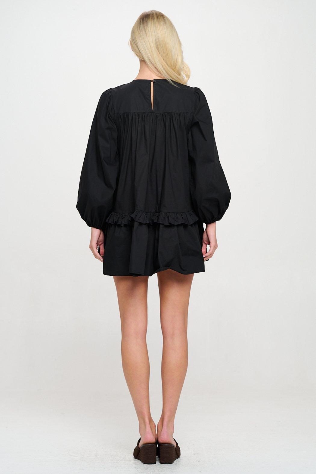 Black Poplin Long Sleeve Smock Dress Product Image