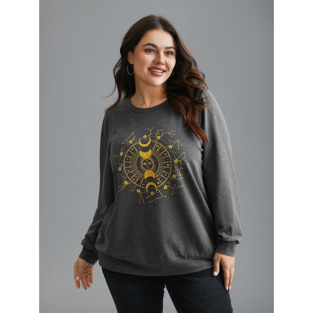 Plus Size Star & Moon Print Round Neck Sweatshirt Women DimGray Casual Non Round Neck Everyday Sweatshirts BloomChic 10/M Product Image