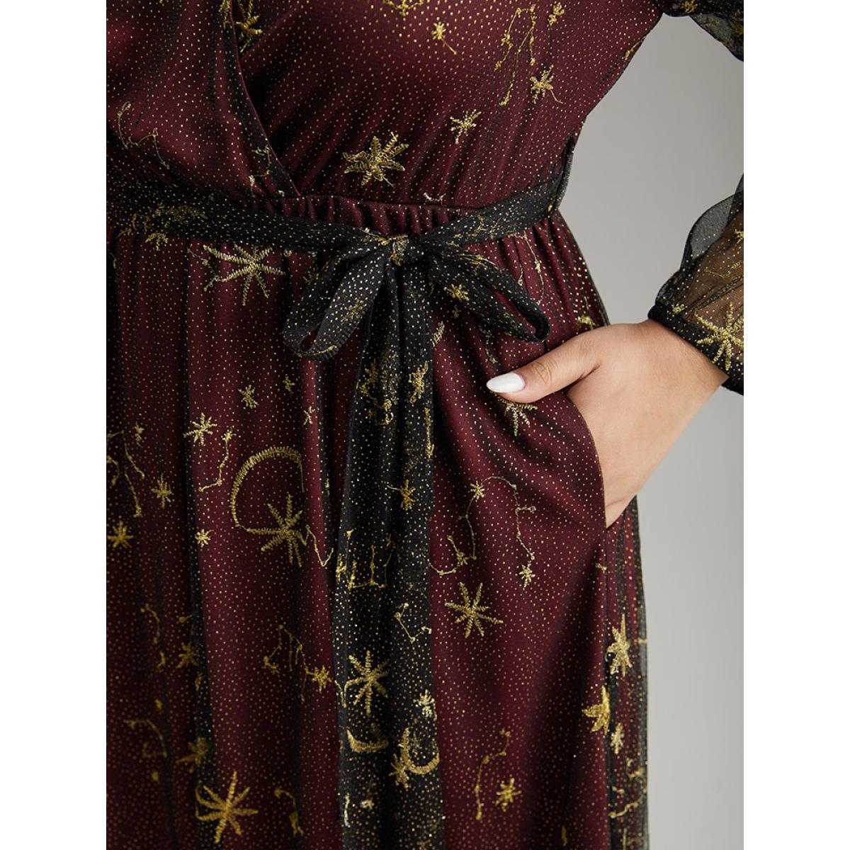 Plus Size Moon & Star Embroidered Mesh Wrap Dress Scarlet Women Party Elastic cuffs Overlap Collar Long Sleeve Curvy Midi Dress BloomChic 28/5X Product Image