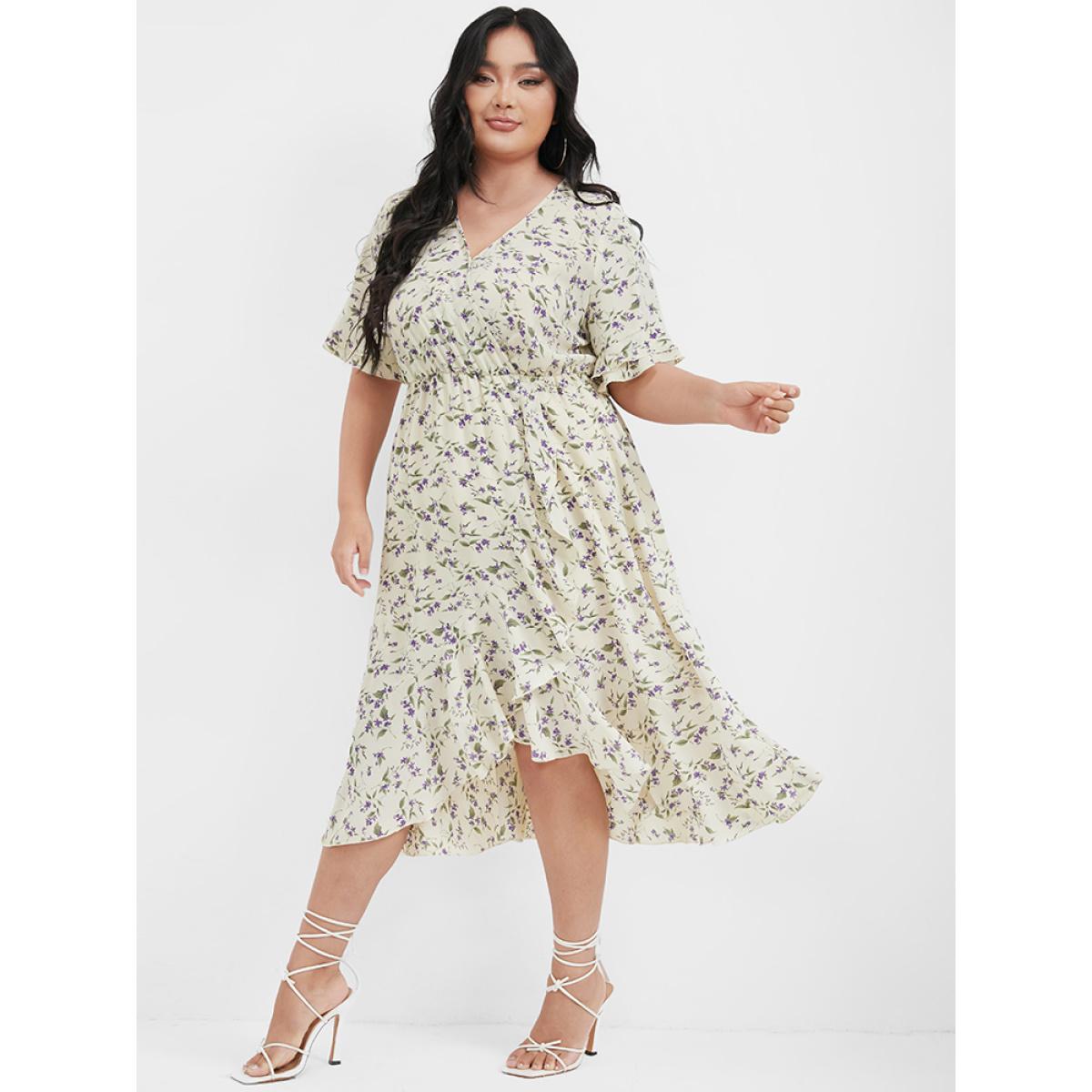 Plus Size Ditsy Floral Arc Hem Ruffled Wrap Dress Apricot Women Elegant Printed V-neck Short sleeve Curvy Midi Dress BloomChic 14-16/1X Product Image