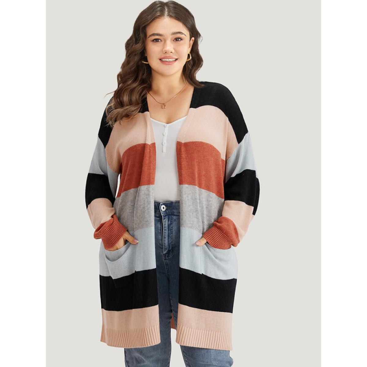 Plus Size Supersoft Essentials Colorblock Patched Pocket Tunic Cardigan Multicolor Women Casual Loose Long Sleeve Dailywear Cardigans BloomChic 12/L Product Image