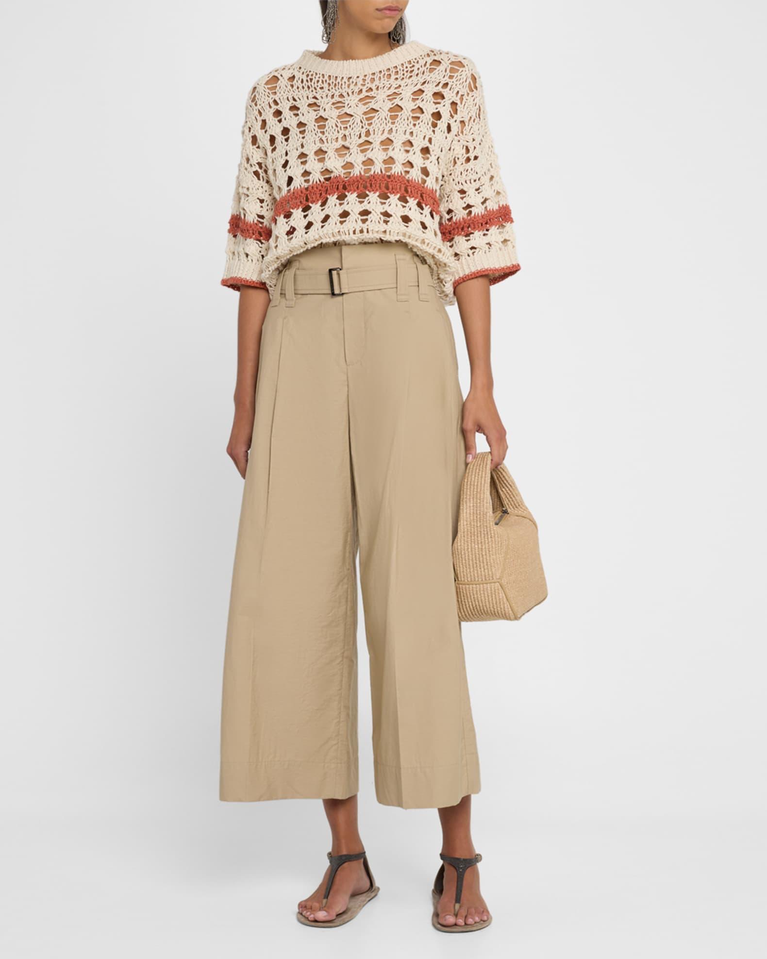 Stripe Cotton-Jute Open Knit Short-Sleeve Sweater Product Image