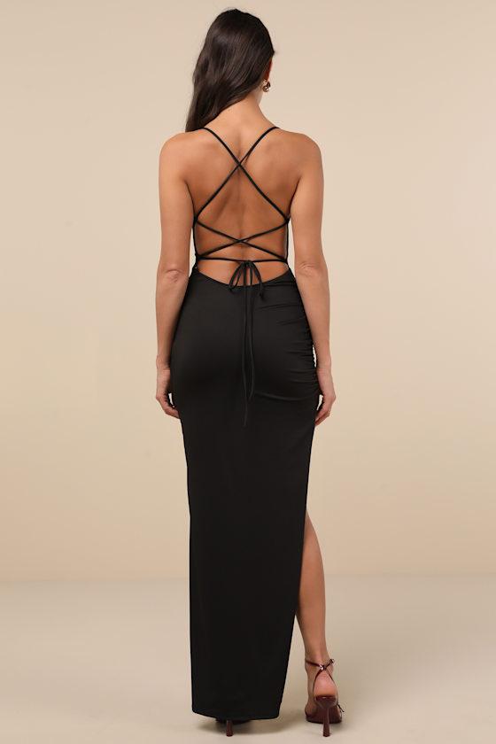 Stunning Perception Black Slinky Lace-Up Maxi Dress Product Image