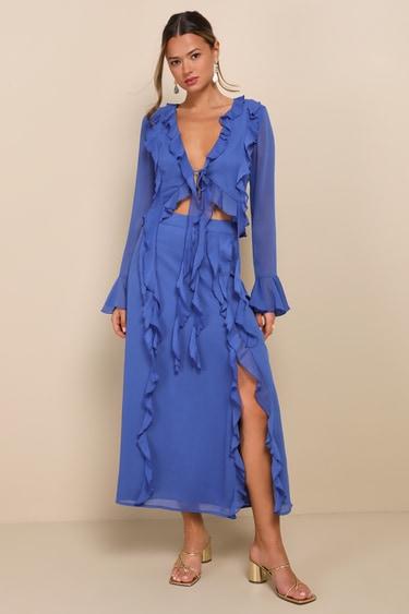 Destined to Stun Blue Chiffon Ruffled Midi Skirt Product Image