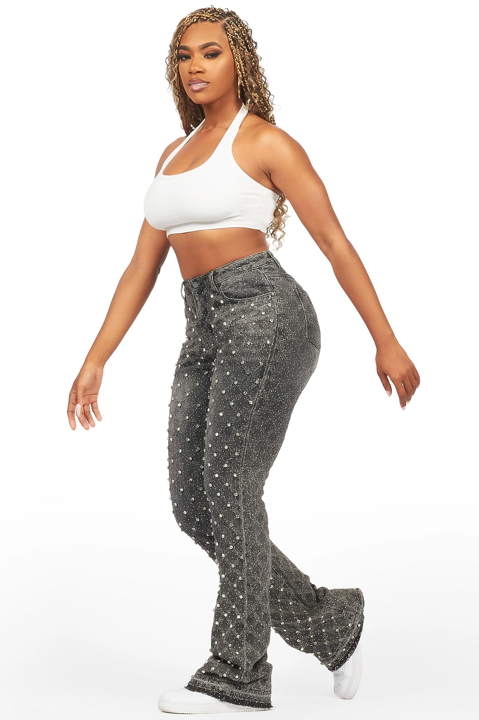 Sareka Grey Wash Rhinestone Stacked Flare Jean Female Product Image