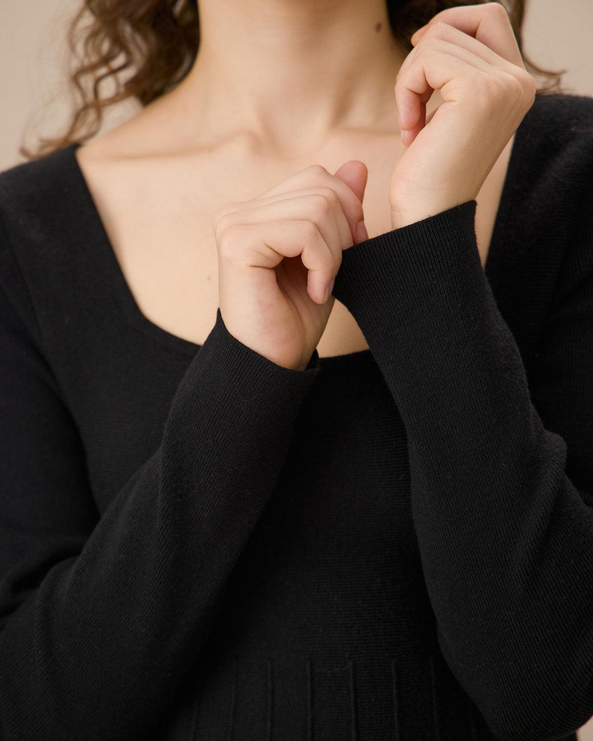 Black Square Neck Ribbed Sweater Dress Product Image