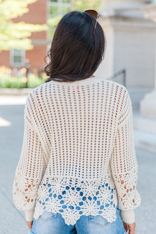 A Little Dramatic Crew Flower Trim Crochet Sweater FINAL SALE Product Image