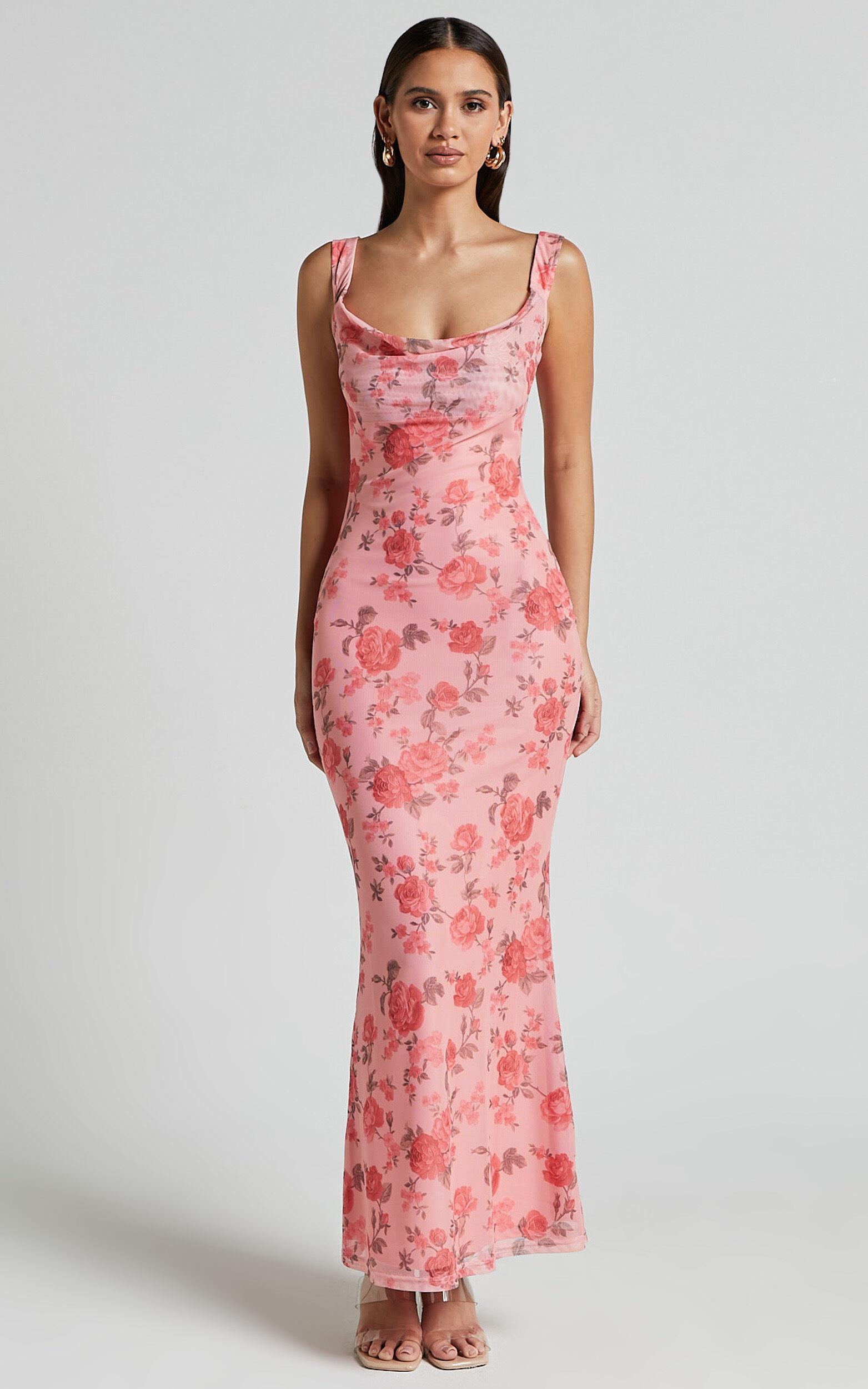 Nadine Maxi Dress - Cowl Neck Low Back Mesh Slip Dress in Pink Floral Product Image
