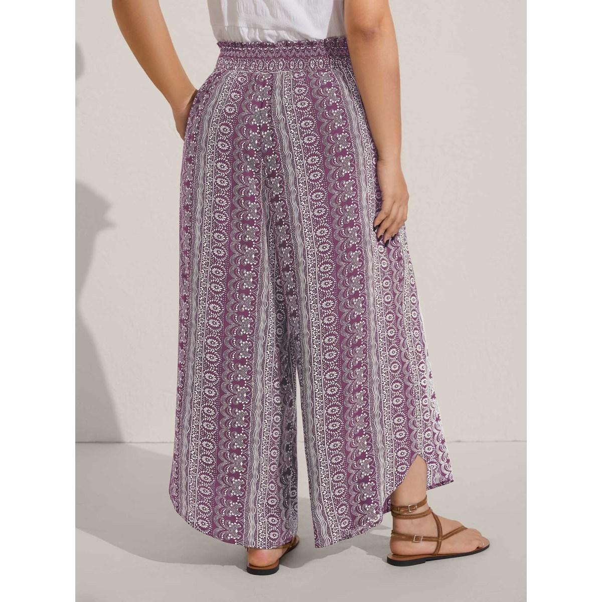Plus Size Boho Print Shirred Waist Wide-Leg Pants Women Yellowishbrown Boho Wide Leg Mid Rise Vacation Pants BloomChic 22-24/3X Product Image